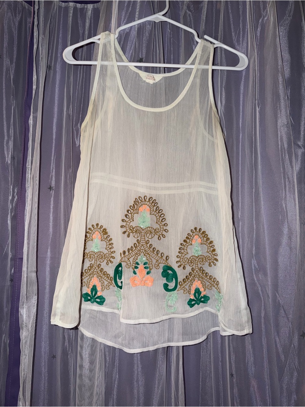 Sun & Shadow Sheer Cream Sleeveless Top with Coral Stitching
